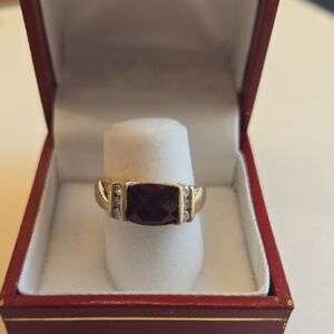 14k YG Checkerboard Faceted Rhodolite Garnet Ring, Sz 6